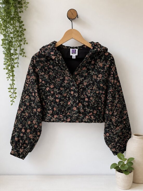 Anna Sui Jackets & Blazers - Anna Sui Floral Metallic Cropped Bomber Jacket Small Hooded Puff Sleeve Black
